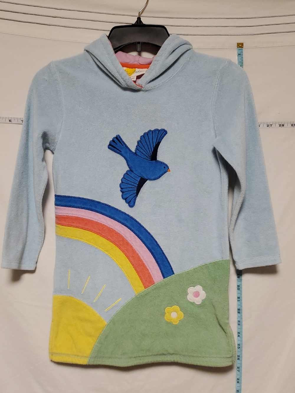 Mini Boden Light Blue Hooded Cotton Terry Dress with Rainbow & Bird Applique 7-8